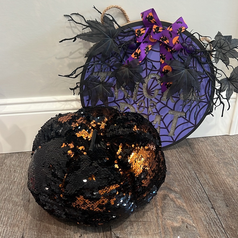 Sequin Pumpkin Halloween Decor & Door Sign